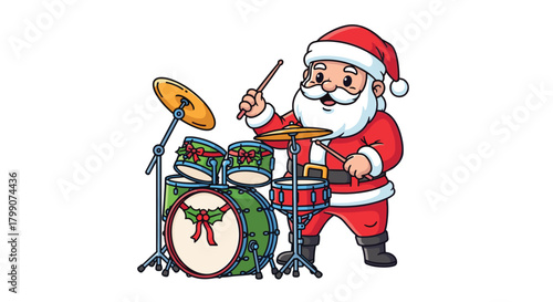 Santa Claus rocking out on the drums with festive holiday decorations, spreading Christmas cheer through music and entertainment this season