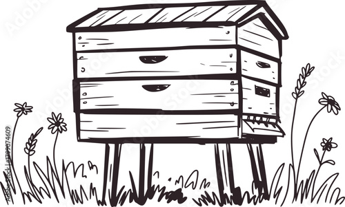 Black and white drawing of a wooden beehive vector