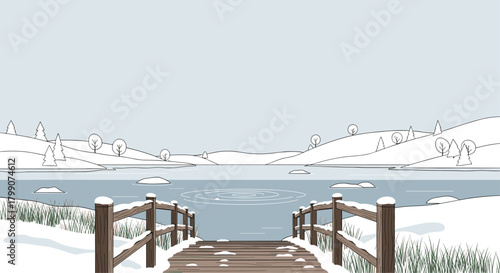 Tranquil winter scene of snowy trees and frosted wooden bridge over lake perfect for holiday greeting cards and seasonal backgrounds