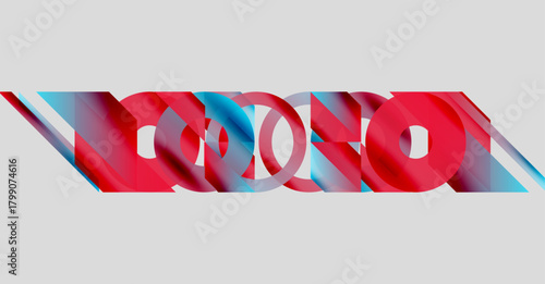 Abstract typography displays word NOON using red, blue hues. Overlapping shapes create dynamic visual effect. Minimalist design, light background.