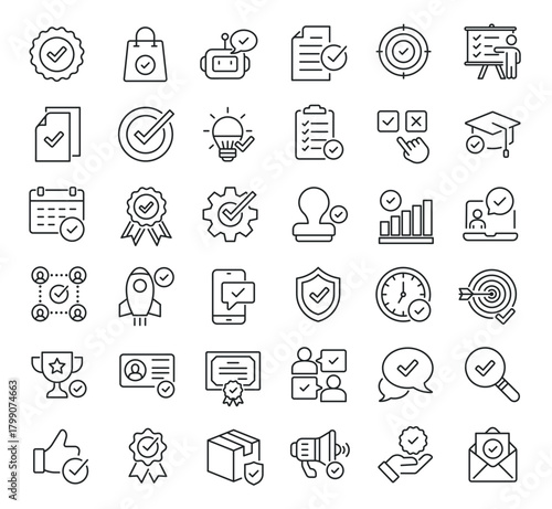 Set of collection line icons related Checkmark. Editable stroke. Perfect pixel on transparent background