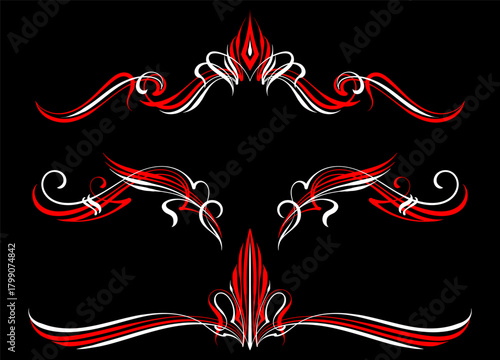 Floral art illustration. Red and white pinstripes art motorcycle and car. Retro and vintage ornaments. For vinyl sticker, painting template, tattoo, apparel, merchandise, border, frame. Vector Eps 10.