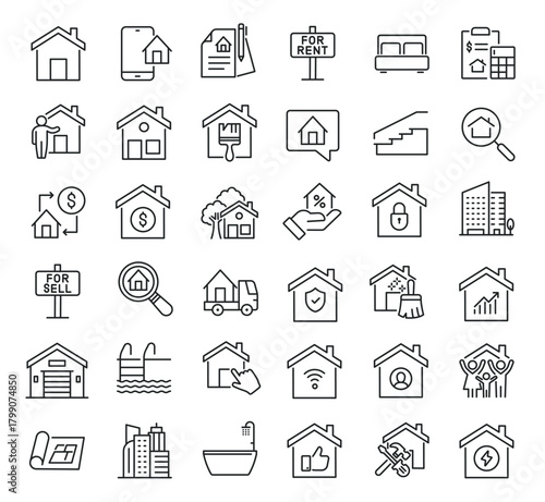 Set of collection line icons related Real Estate. Editable stroke. Perfect pixel on transparent background