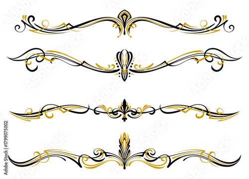 Floral art illustration. Black and gold pinstripes art motorcycle and car. Retro and vintage ornaments. For vinyl sticker, painting template, tattoo, apparel, border, frame. Vector Eps 10.