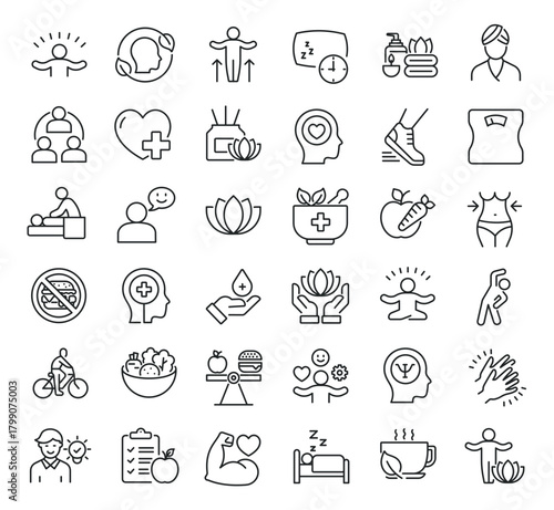 Set of collection line icons related Wellness, Wellbeing, Healthy Lifestyle. Editable stroke. Perfect pixel on transparent background