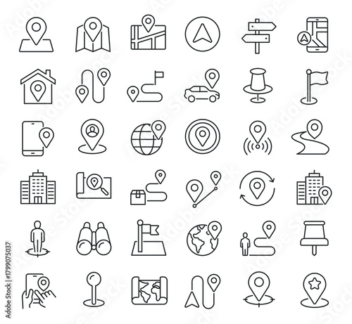Set of collection line icons related Location, Navigation, Map. Editable stroke. Perfect pixel on transparent background