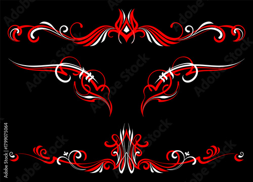 Floral art illustration. Red and white pinstripes art motorcycle and car. Retro and vintage ornaments. For vinyl sticker, painting template, tattoo, apparel, merchandise, border, frame. Vector Eps 10.