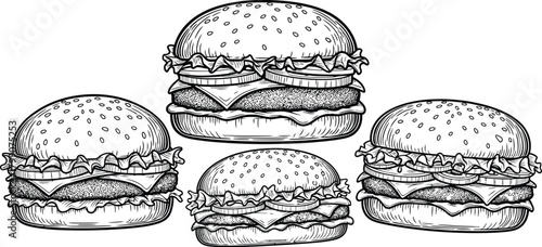 Hand drawn sketch of four delicious juicy cheeseburgers arranged in a pleasing composition