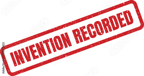 Red rectangular grunge rubber stamp with the text INVENTION RECORDED for official documentation
