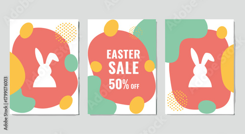 Vibrant Easter sale announcement with 50% off discount and playful bunny graphic, perfect for spring promotions