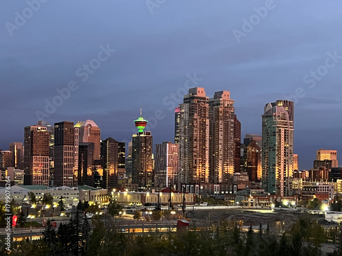 View of Skyline of Calgary Canada at Sunrise.