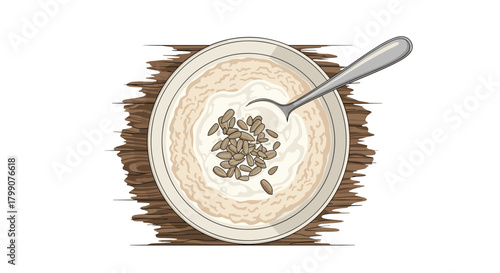 Delicious creamy oatmeal topped with crunchy sunflower seeds served in a bowl on a rustic wooden surface, perfect for a healthy breakfast