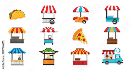 Vibrant food stalls and treats create an exciting street fair atmosphere perfect for culinary promotions and event marketing designs