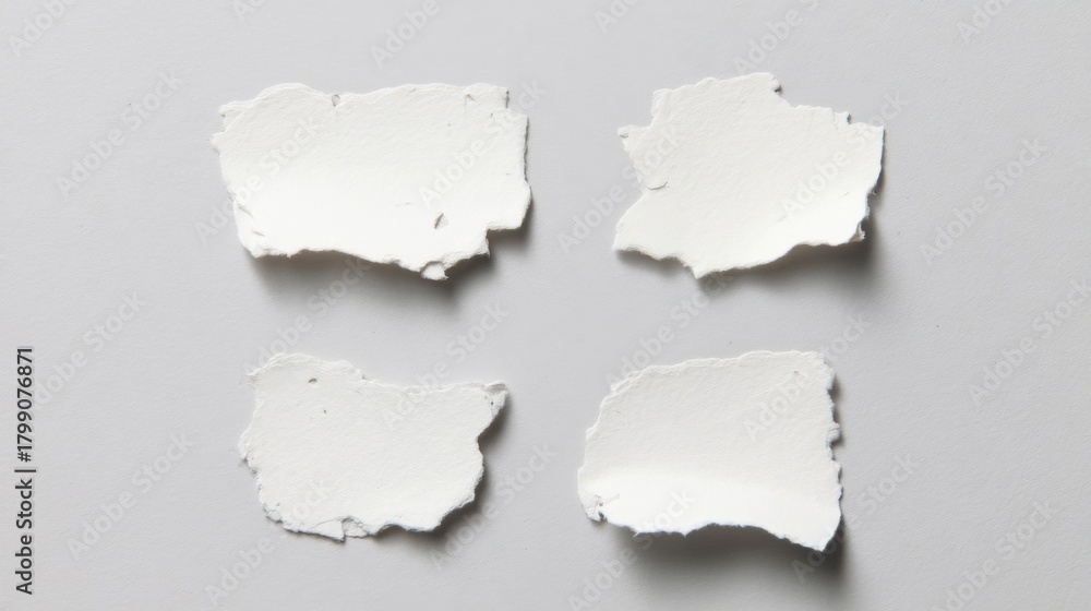 Fototapeta premium Four white paper fragments with irregular torn edges, varying slightly in size and shape,