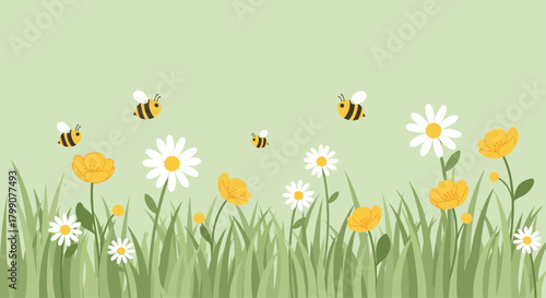 Charming bees buzz playfully among vibrant wildflowers and lush green grass, a delightful scene of nature's joyful awakening