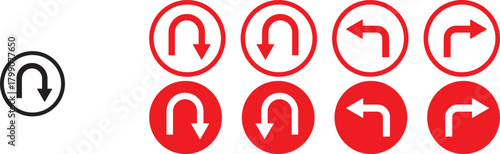 turn Right, Left, U sign set. sharp turn warning. driving navigation icon. Road sign arrow set. go straight, turn left, turn right, u turn direction sign. traffic direction symbol.  Go straight, this 