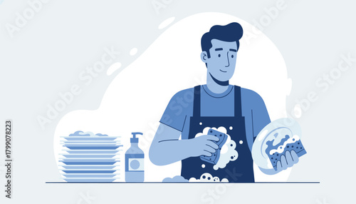 Smiling man in apron diligently washing dishes with sponge and soap suds, stack of clean plates nearby