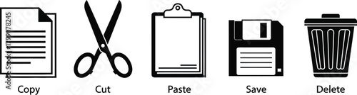 Computer icons representing copy paste cut save and delete functions