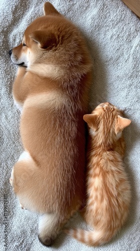 Adorable Shiba Inu and Cute Ginger Kitten Relaxing Together