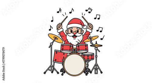 Joyful Santa Claus energetically plays drums with musical notes dancing around him for festive holiday celebrations and promotions