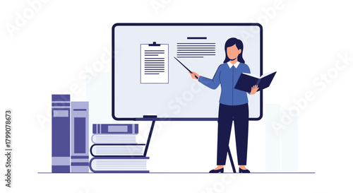 Professional educator confidently leading a lesson with book and pointer by stack of knowledge