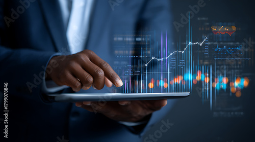 business analyst in a suit working on a tablet device featuring charts graphs and performance dashboards capturing financial insights strategic planning and data evaluation