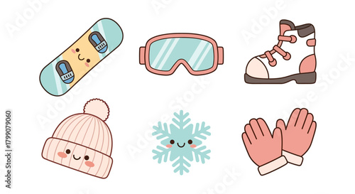 Cute cartoon winter sports and accessories: snowboard, goggles, boot, hat, snowflake, gloves.