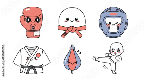 A cute collection of kawaii characters representing various combat sports and martial arts equipment.