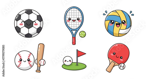 Collection of cute kawaii sports equipment characters including soccer, tennis, volleyball, baseball, golf, and table tennis.