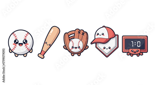 A collection of cute kawaii-style baseball equipment and a scoreboard, all with smiling faces.