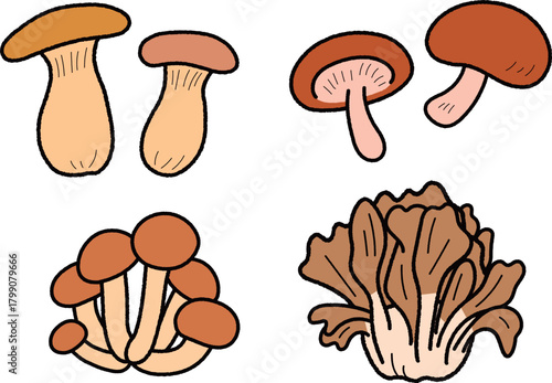 きのこイラストセット・エリンギ・しいたけ・しめじ・まいたけ・かわいい・シンプル・秋の味覚