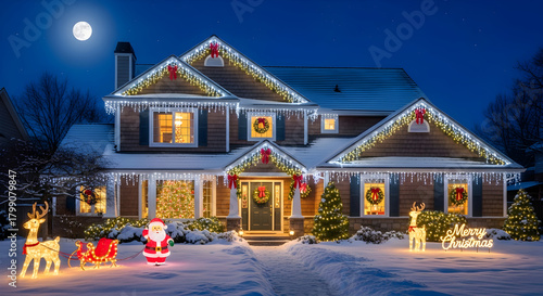 Residential house illuminated with vibrant Christmas lights and festive outdoor decorations, featuring Santa, reindeer, and a 'Merry Christmas' sign under a full moon, perfect for holiday promotions.