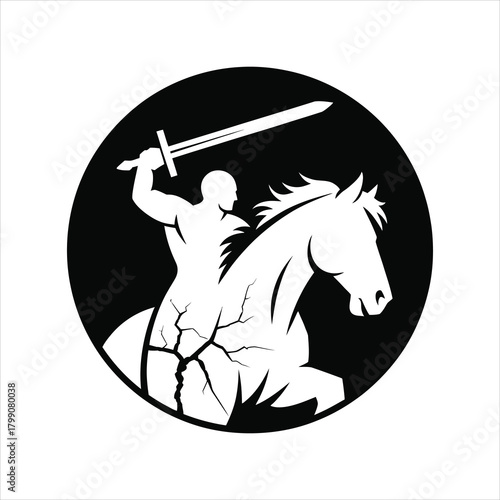 Ancient soldier on horseback silhouette with sword for fantasy game and concept art