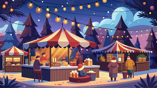 Festive outdoor market with striped tents, warm lights, and people shopping in winter clothing surrounded by pine trees
