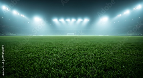 Vast green soccer field illuminated by bright stadium lights at night with atmospheric haze