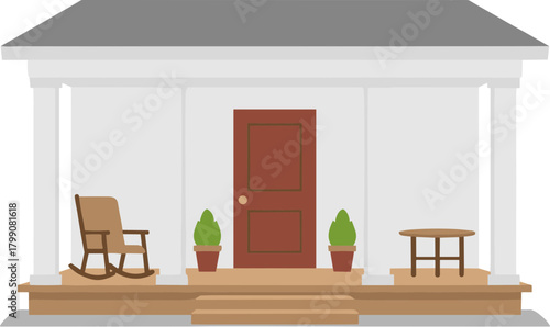 Flat Detailed Front Porch with Rocking Chair and Plants Illustration