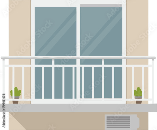Flat Style Balcony Apartment Exterior with Window and Potted Plant Illustration