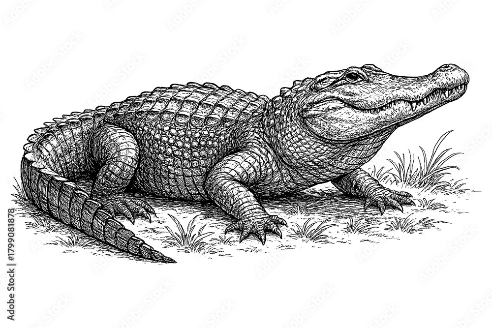 Naklejka premium Crocodile in detailed vintage engraving style with open mouth and realistic texture, Transparent Background