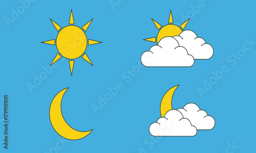 Comprehensive set of flat design weather icons for daily forecast applications, featuring clear day, partially cloudy day, clear night, and partially cloudy night conditions against a blue sky