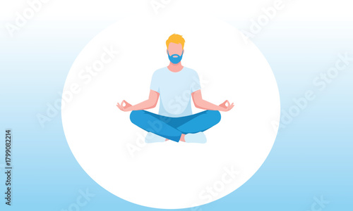 A serene man with a beard practices mindfulness meditation in the lotus position to achieve inner peace and balance. Flat style vector graphic for wellness concepts