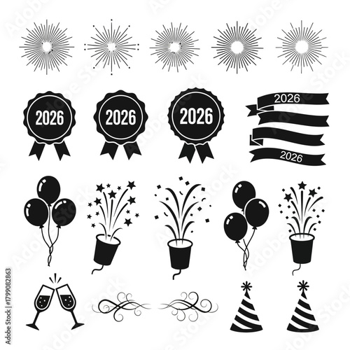 New Year Celebration Icons Set Festive Party Decorations Elements.