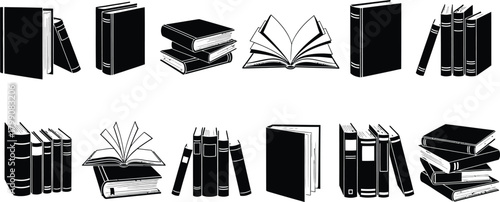 Collection of black and white illustrations of various books and book stacks