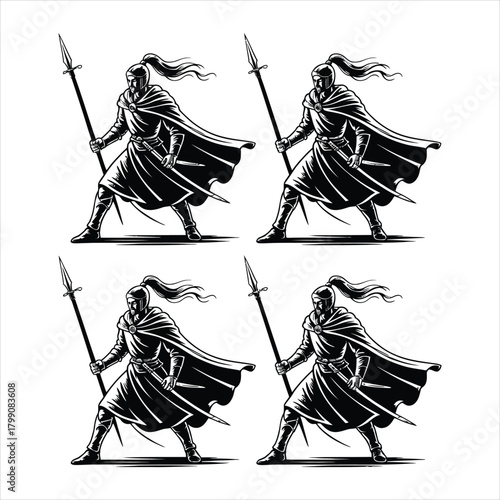 Set of four medieval warrior silhouettes with spears for fantasy RPG characters