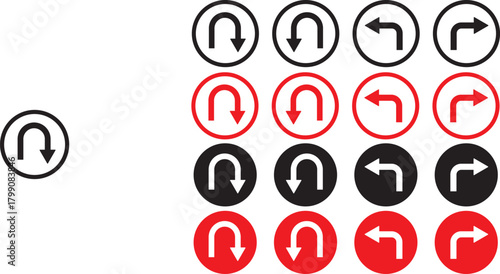 turn Right, Left, U sign set. sharp turn warning. driving navigation icon. Road sign arrow set. go straight, turn left, turn right, u turn direction sign. traffic direction symbol.  Go straight, this 