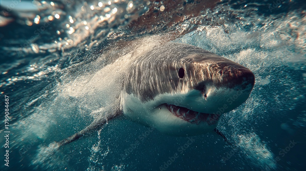 Naklejka premium Majestic Great White Shark Swimming Through Clear Ocean Waters