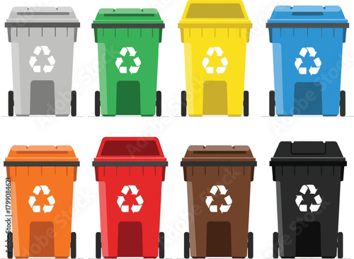 Colorful recycling bins for different types of waste, arranged in two rows on a white background