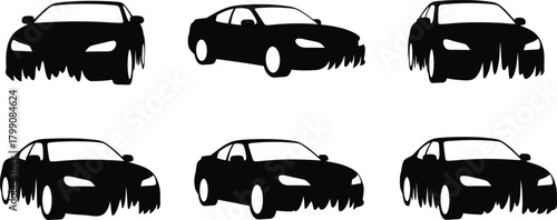 Set of six black silhouette sedan cars with dripping paint effect