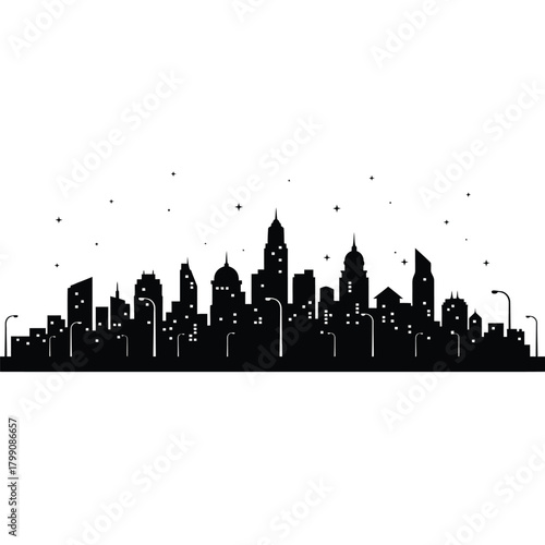 Silhouette of a modern city skyline with tall buildings and urban structures.