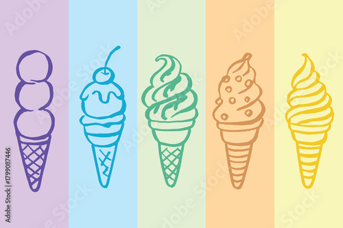 Ice cream cones pastel line art vector illustration