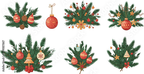 Festive Christmas pine branch decorations with ornaments, baubles, stars, berries and holiday elements, seasonal winter illustration set on white background for design